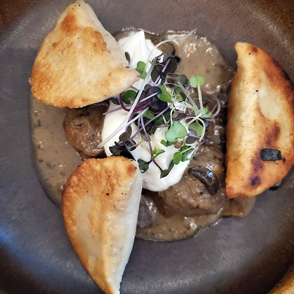 Calgary Bearspaw, Restaurant Flores and Pine perogies bison meatballs gravy sour cream