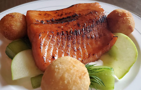 Calgary Restaurant Melo French Duncan Ly flame grilled steelhead trout apple cucumber dill soy glaze creme fraiche
