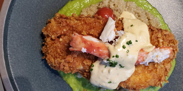 Calgary restaurant sea bass cornflake crusted fried, king crab, corn & bacon hash, bearnaise