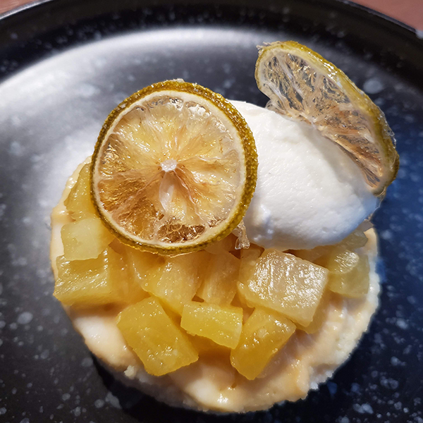 Calgary restaurant Modern Ocean pina colada cake dessert Coconut Tres Leches Cake, Pineapple Rum Compote, Candied Lime