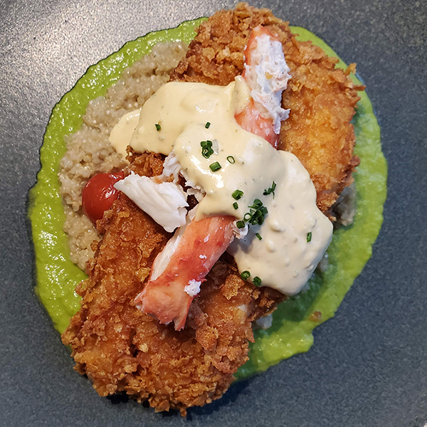 Calgary restaurant sea bass cornflake crusted fried, king crab, corn & bacon hash, bearnaise