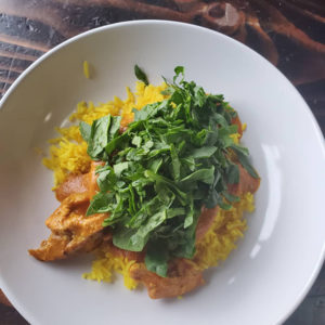 Calgary cafe restaurant Cornerstone Music Cafe butter chicken rice
