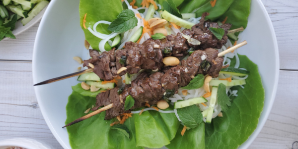 Grilled Lemongrass Beef Satay with Rice Noodles