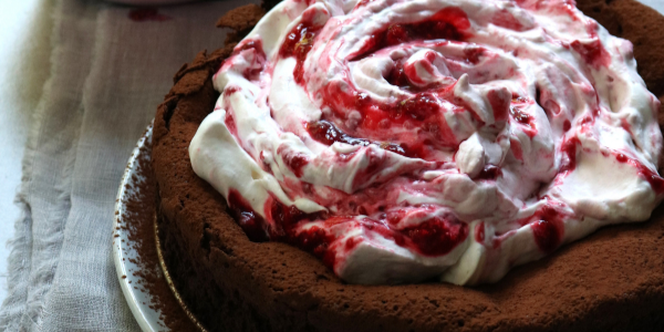 sunken chocolate cake with berry fool