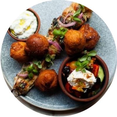 Kama Feta Beignets with Chicken Souvlaki
