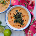 red lentil, carrot and coconut soup with kale chips