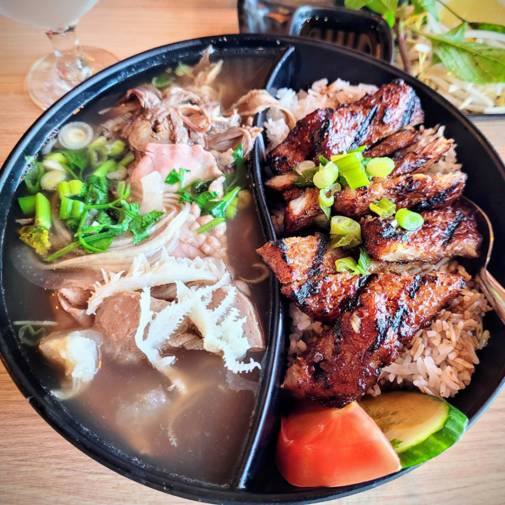 half pho, half grilled pork rice bowl